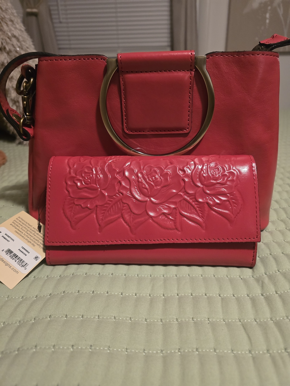 Patricia Nash Red Leather Shoulder Bag with Embossed Floral Wallet